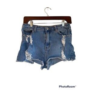 Papaya Jean Shorts Women’s Juniors L  High Rise Distressed Blue Denim